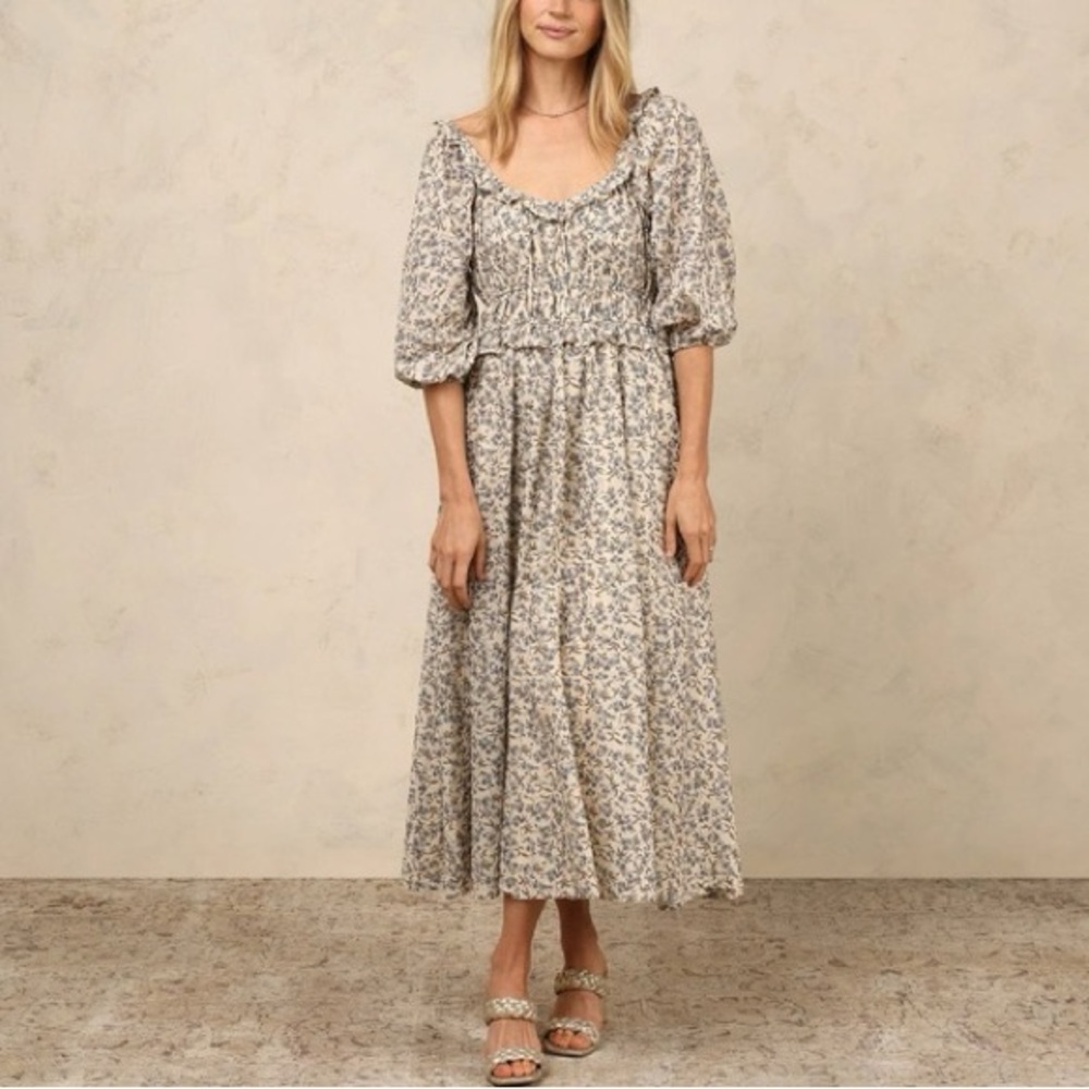 Noralee Blue Floral Vintage Print Puff Sleeve Ruffle Trim Dress Women's XL